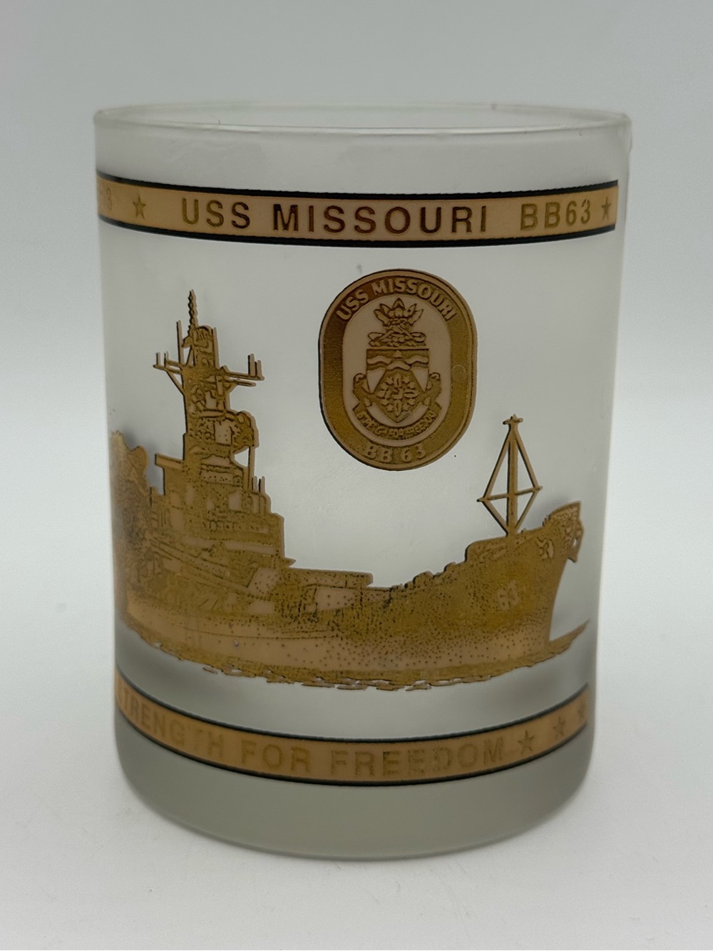 Vintsge USS Missouri Pearl Harbor Rocks Frosted Glass Old Fashioned Gold